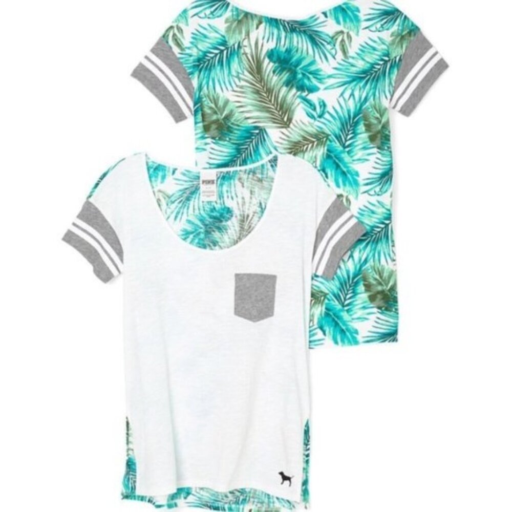 Victoria's Secret PINK | Tropical Palm Leaf Print Varsity Tee | Size Extra Small